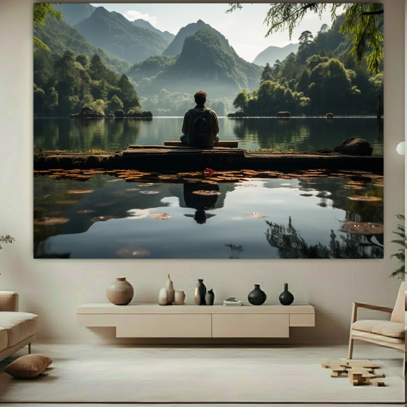 تابلو بوم طرح مخمل مرد تنها در طبیعت بکر کد BK23145