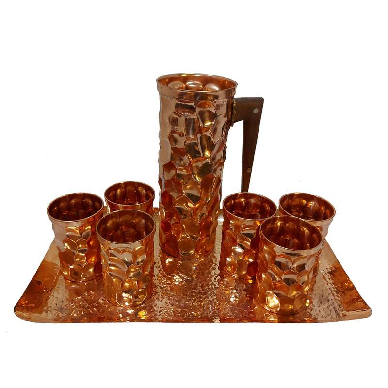 سرویس پارچ و لیوان مسی 8 پارچه مدل چکش کاری کد 870