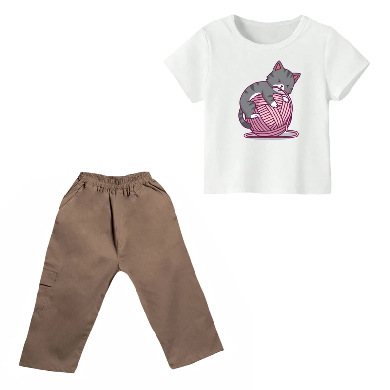 ست تی شرت و شلوارک دخترانه مدل گربه کد 2 رنگ سفید