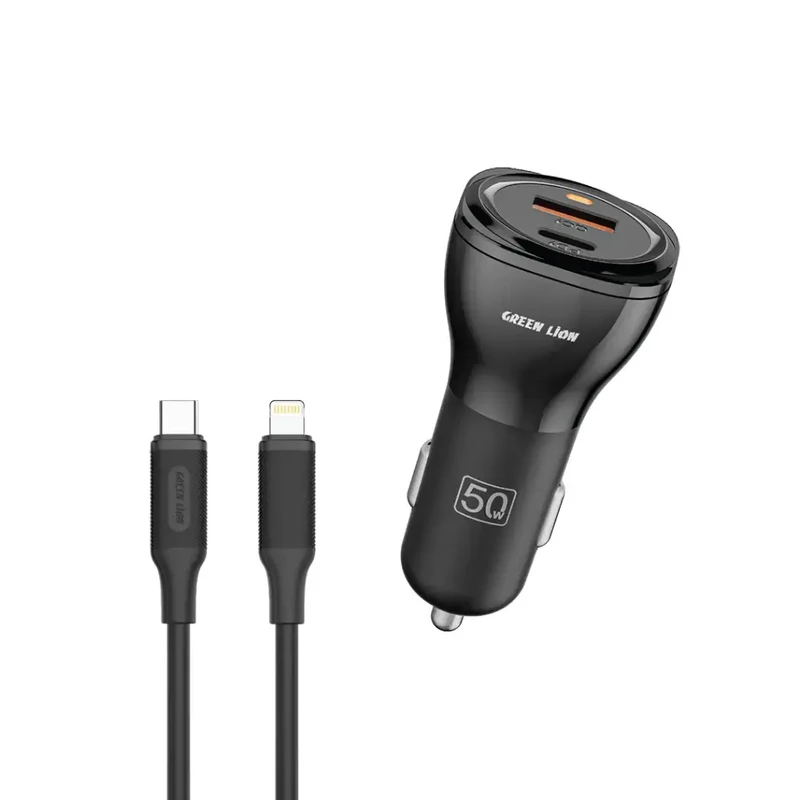 شارژر فندکی 30 وات 2 پورت گرین لاین مدل GNCC50WQPDBK به همراه کابل تبدیل USB-Cبه لایتنینگ
