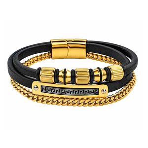 دستبند مردانه مدل استیل چرمی سه لاین کد D6