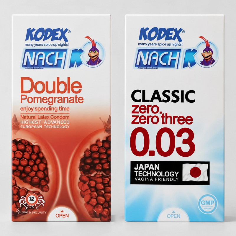 کاندوم کلاسیک ناچ کدکس مدل 0.03 بسته 10 عددی به همراه کاندوم تنگ کننده ناچ کدکس مدل DOUBLE POMEGRANATE بسته 12 عددی
