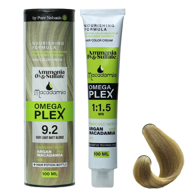 رنگ مو ماکادامیا شماره 9.2 مدل omega plex حجم 100 میلی‌لیتر رنگ بلوند زیتونی خیلی روشن 