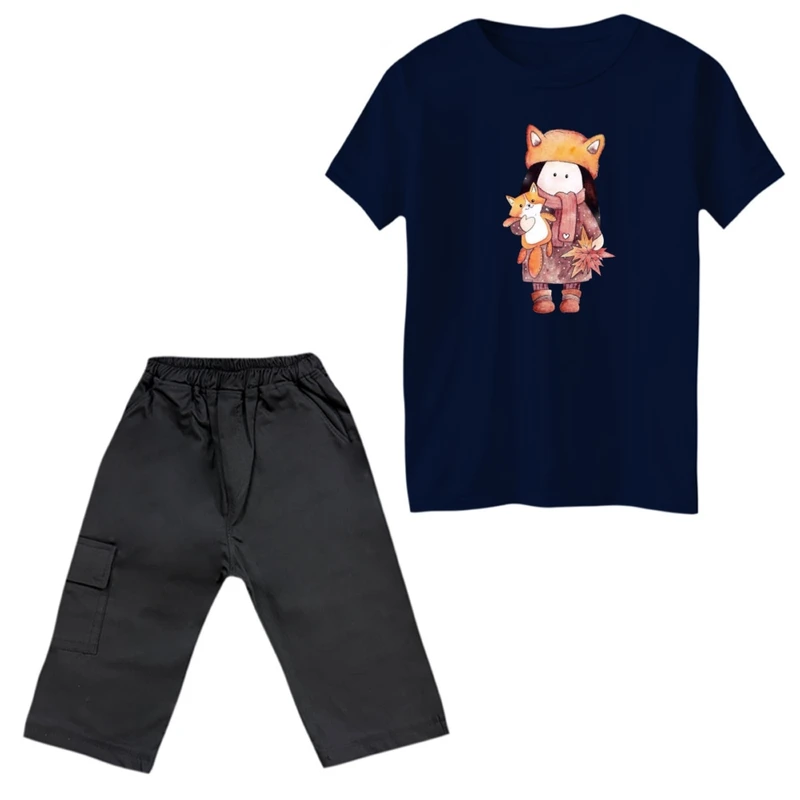 ست تی‌شرت آستین کوتاه و شلوارک دخترانه مدل دخترک روباه