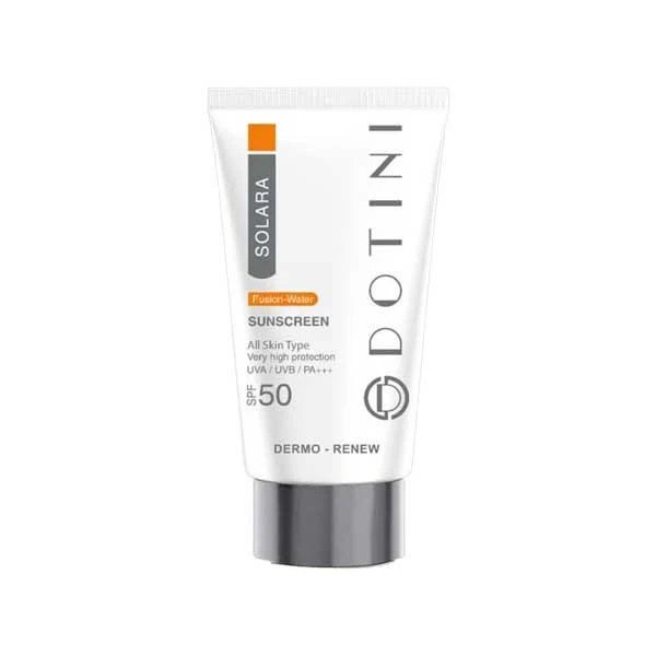 کرم ضد آفتاب بی‌رنگ دوتینی، SPF 50، مدل فیوژن واتر، ‌مناسب انواع پوست با حجم 50 میلی‌لیتر، محافظت‌کننده در برابر اشعه‌های UVA و PA ،UVB+++، دارای فرمولاسیون هیالورونیک اسید، ویتامین‌های C و E، با ماندگاری 2 ساعته