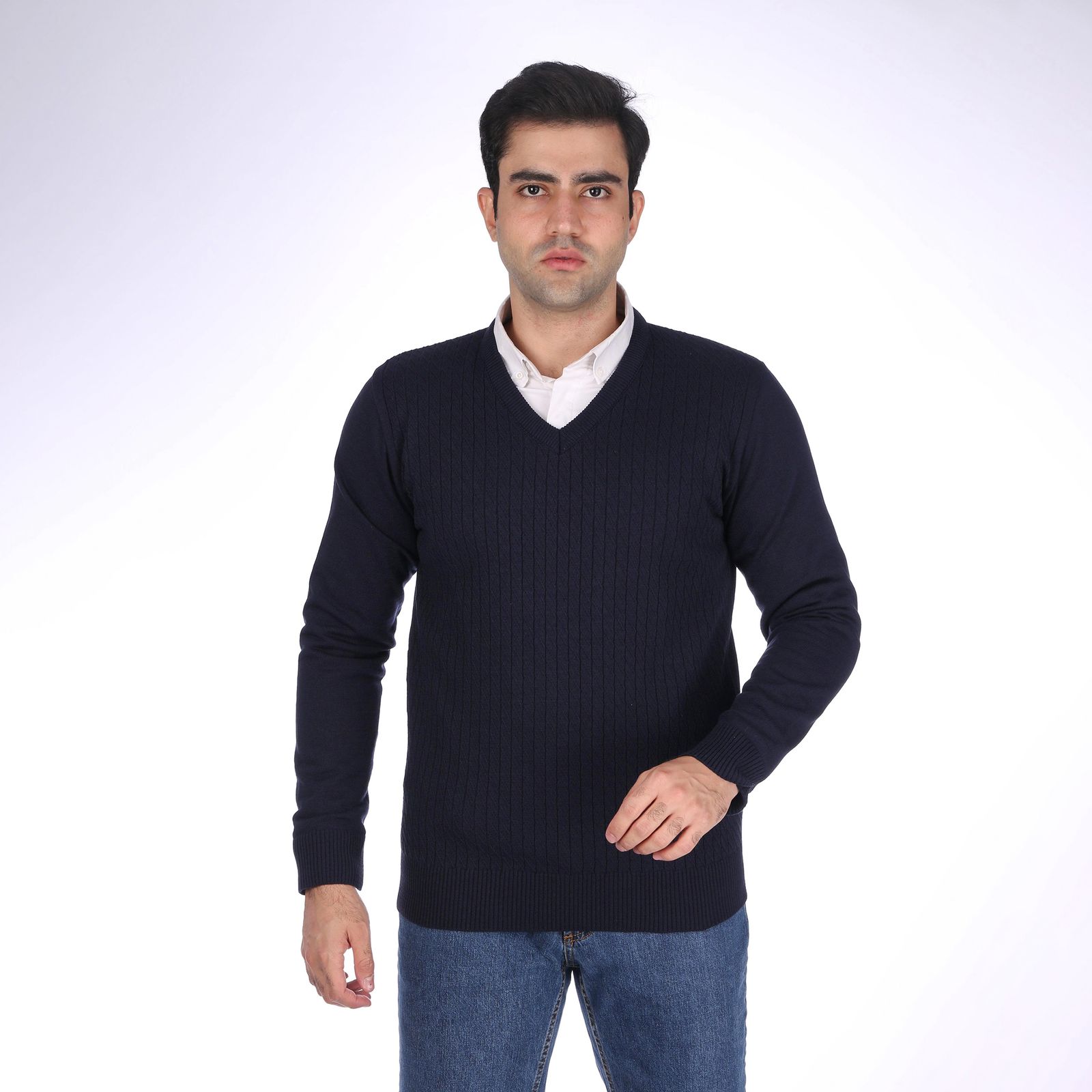 پلیور مردانه تریکو پاییزان مدل ARN یقه هفت رنگ سرمهای - - 2