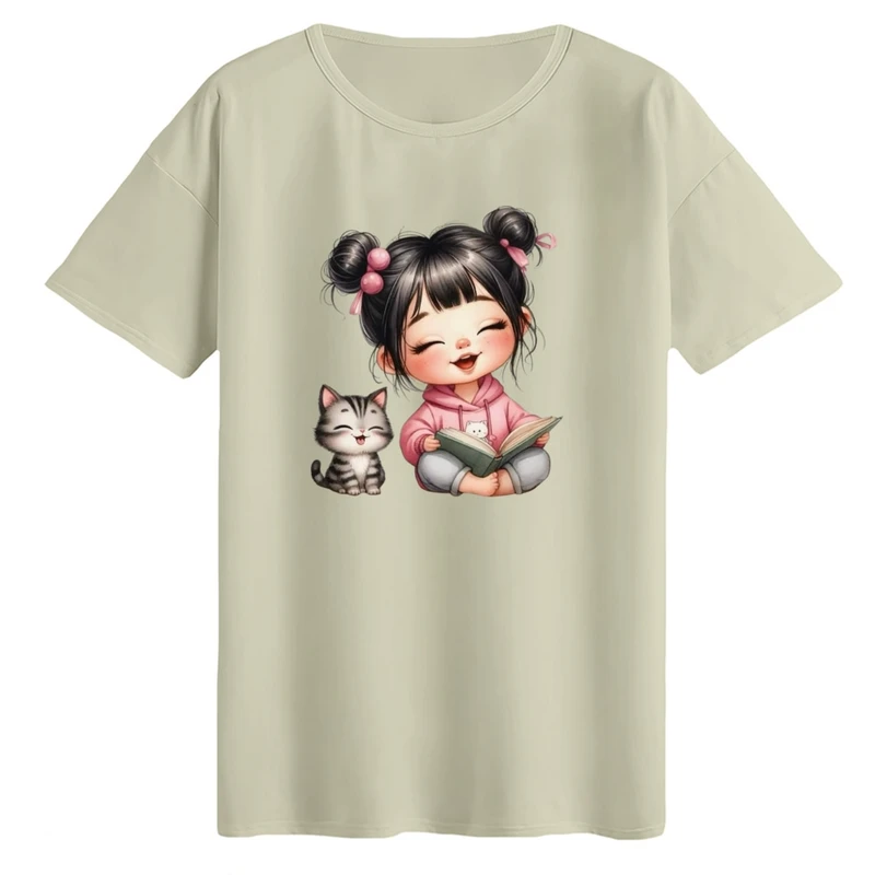 تی‌شرت لانگ آستین کوتاه زنانه مدل دخترک و گربه