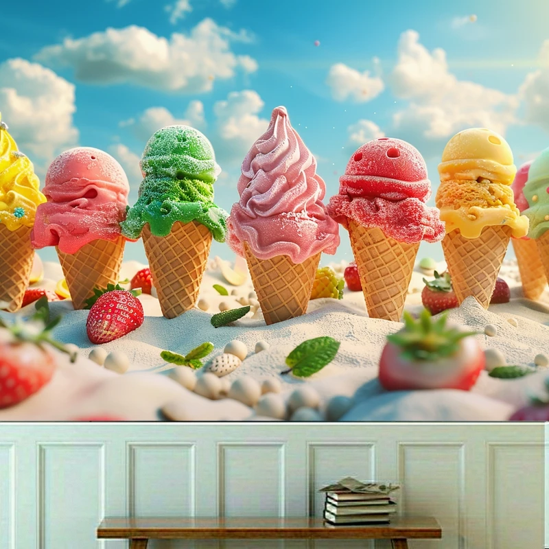 کاغذ دیواری طرح بستنی قیفی رنگی مدل میوه ای کد KF648