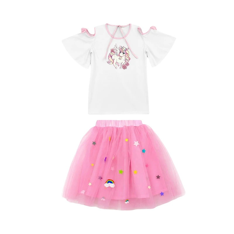 ست تی‌شرت آستین کوتاه و دامن دخترانه مدل تک شاخ یونیکورن
