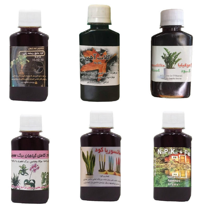 کود مایع فسفر ریشه زایی 10-52-10 و کلات آهن و کود زاموفیلیا و کود گیاهان برگ سبز و کود کامل سه بیست و کود سانسوریا مدل life drop حجم 120 میلی لیتر