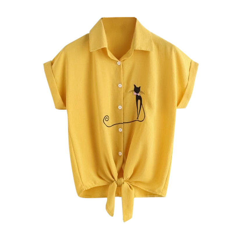 شومیز آستین کوتاه زنانه مدل گلدوزی گربه رنگ زرد