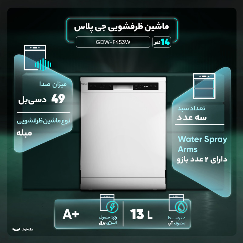 ماشین ظرفشویی 14 نفره جی پلاس مدل GDW-F453W
