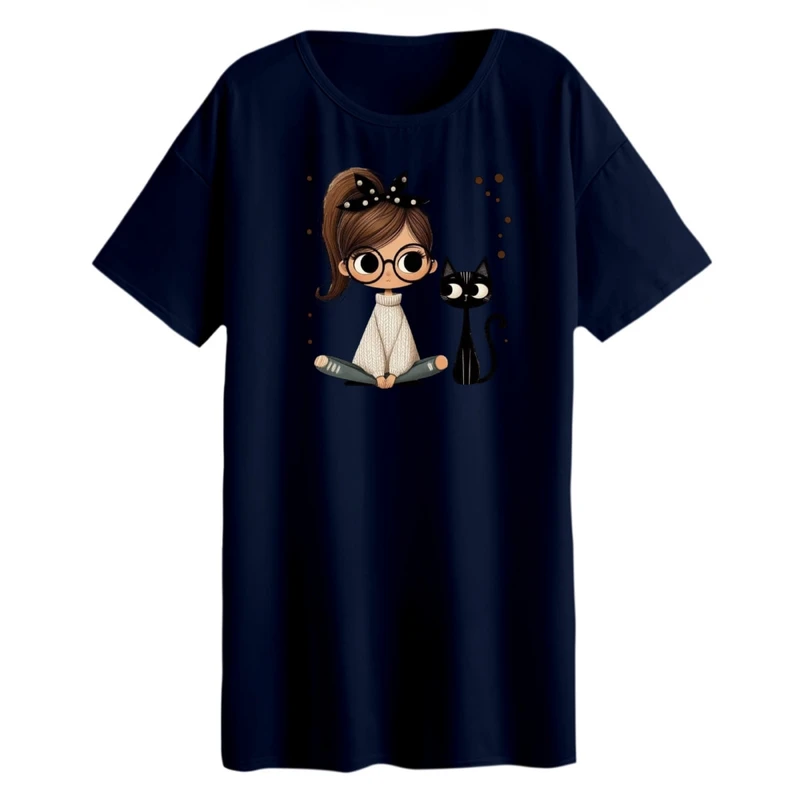 تی شرت لانگ آستین کوتاه زنانه مدل دخترک و گربه