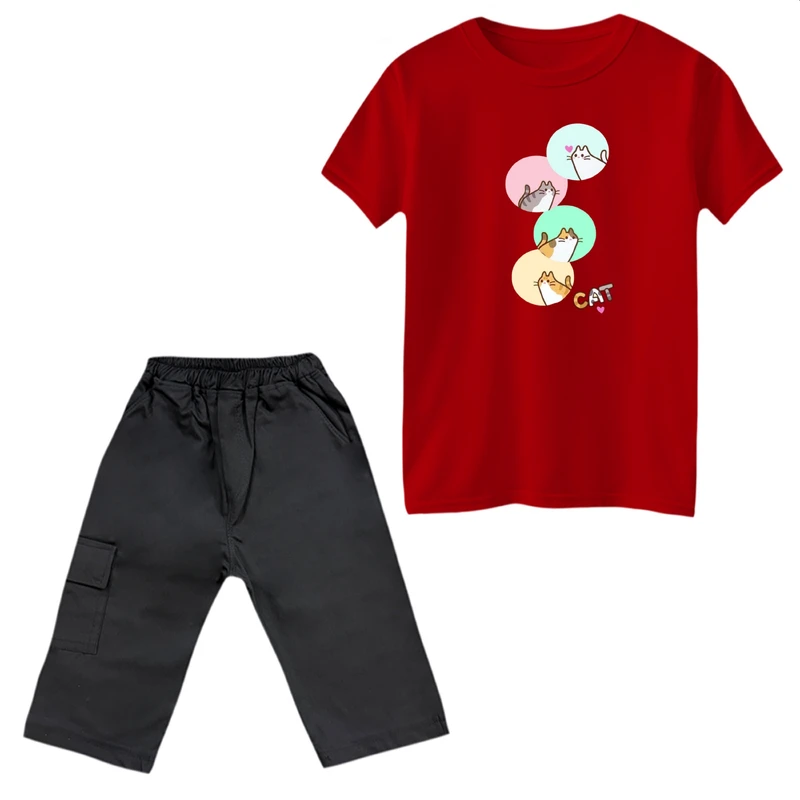 ست تی‌شرت آستین کوتاه و شلوارک دخترانه مدل گربه ها