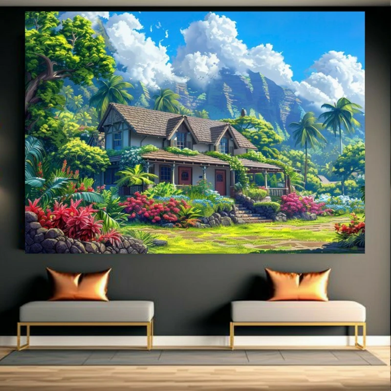 تابلو بوم طرح مخمل نقاشی خانه و گل و کوه کد GR1107