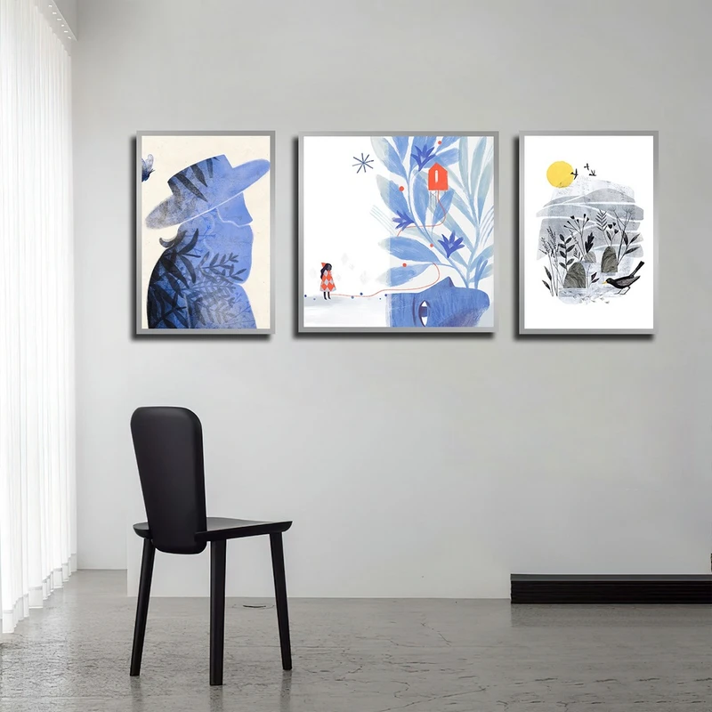 تابلو بکلیت طرح نقاشی مدرن و فانتزی مدل SI-3916 فریم نقره ای مجموعه 3 عددی