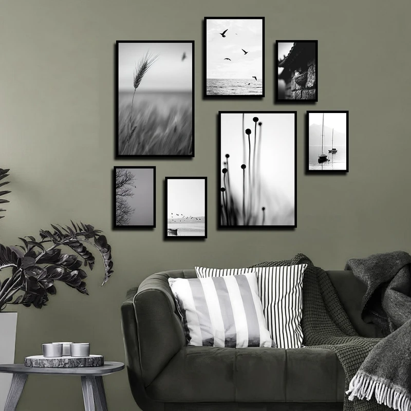 تابلو بکلیت طرح طبیعت و دریا مدل B-4041 فریم مشکی مجموعه 7 عددی