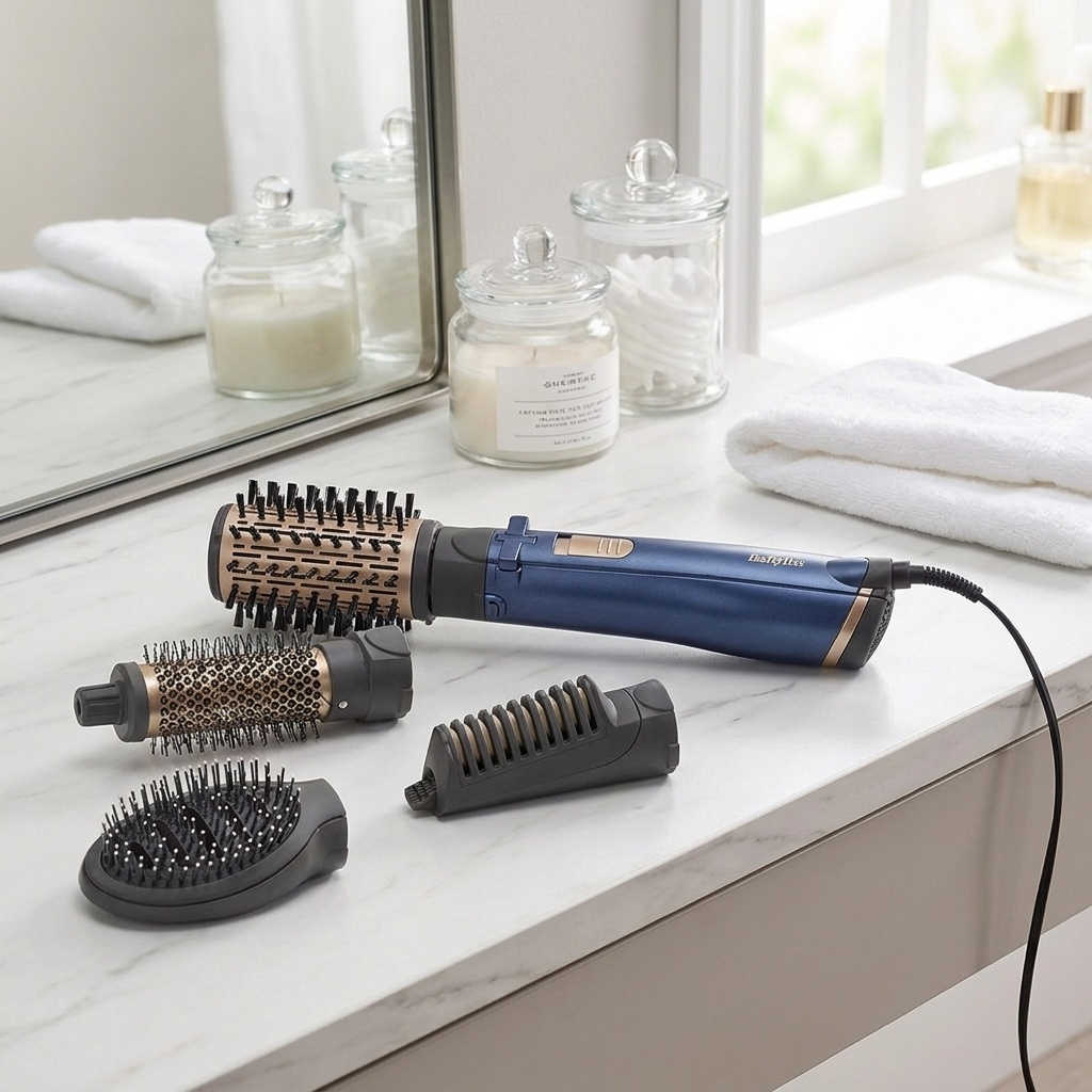 سشوار برس‌دار چرخشی 1000 وات بابیلیس مدل Style pro 1000، موتور DC، وزن 280 گرم، المنت سرامیک، دارای سری متمرکز‌کننده باریک با ویژگی صاف‌کنندگی، فرکنندگی، با قابلیت باد سرد، فناوری تولید یون