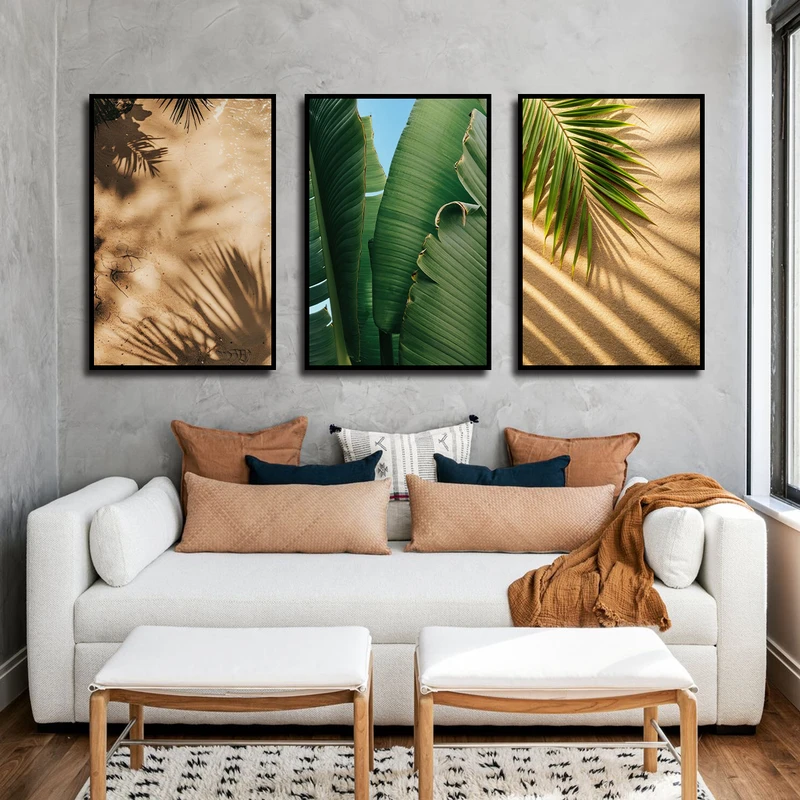 تابلو بکلیت طرح کویر و درخت موز مدل B-3356 فریم مشکی مجموعه 3 عددی