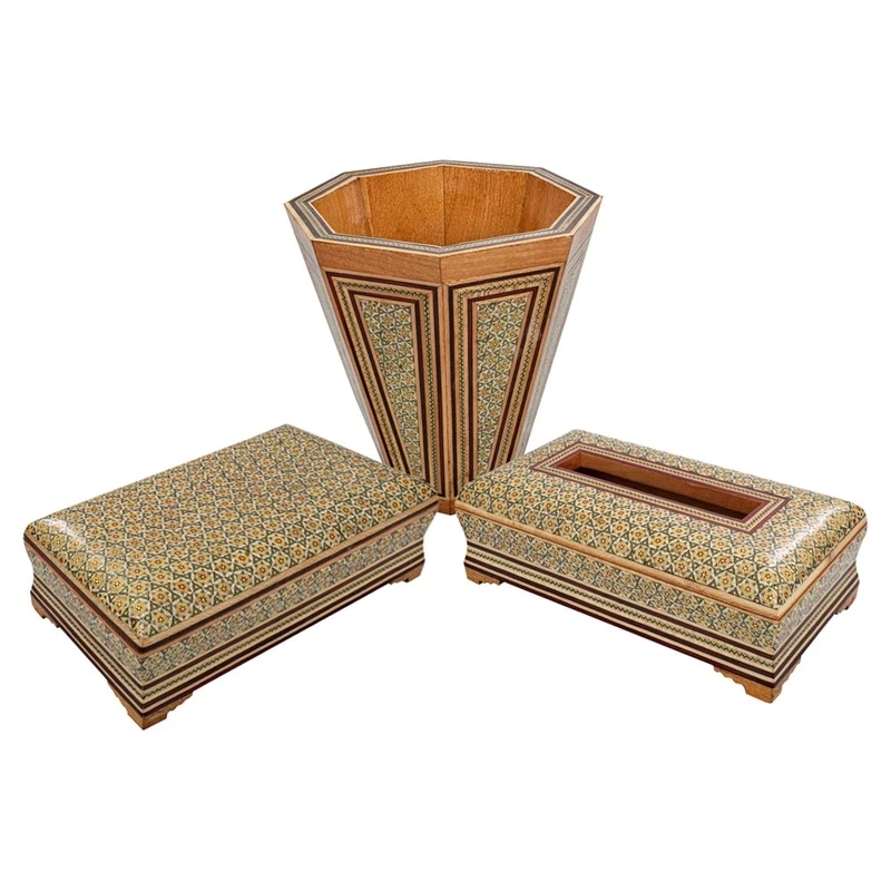 ست جعبه دستمال کاغذی و جعبه کارد و چنگال خاتم کاری چوبی کد 0012 به همراه سطل