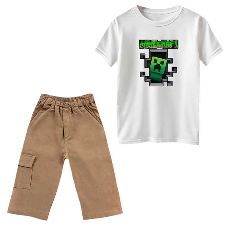 ست تی‌شرت و شلوارک پسرانه مدل ماینکرفت کد 003 رنگ سفید