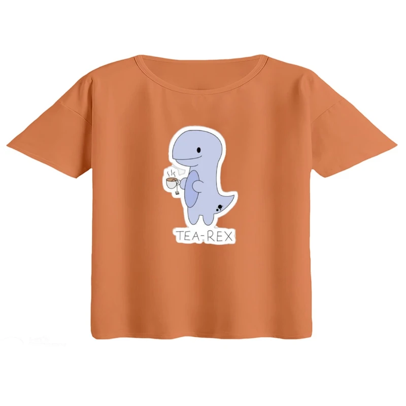 کراپ تی‌شرت آستین کوتاه زنانه مدل دایناسور و چایی
