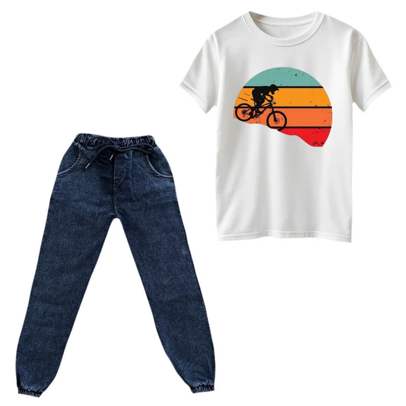 ست تی‌شرت و شلوار دخترانه مدل دوچرخه سوار