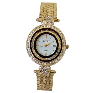 ساعت مچی عقربه ای زنانه مدل بندفلزی دورشنی نگین دار فانتزی کد 1