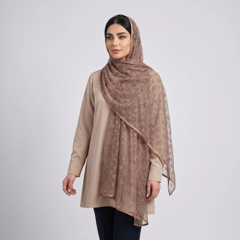 شال زنانه مدل توری گل دار برجسته دور نوار دوزی