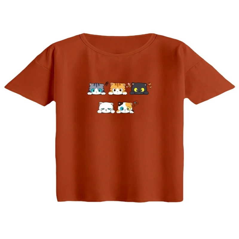 کراپ تی‌شرت آستین کوتاه زنانه مدل گربه های متعجب