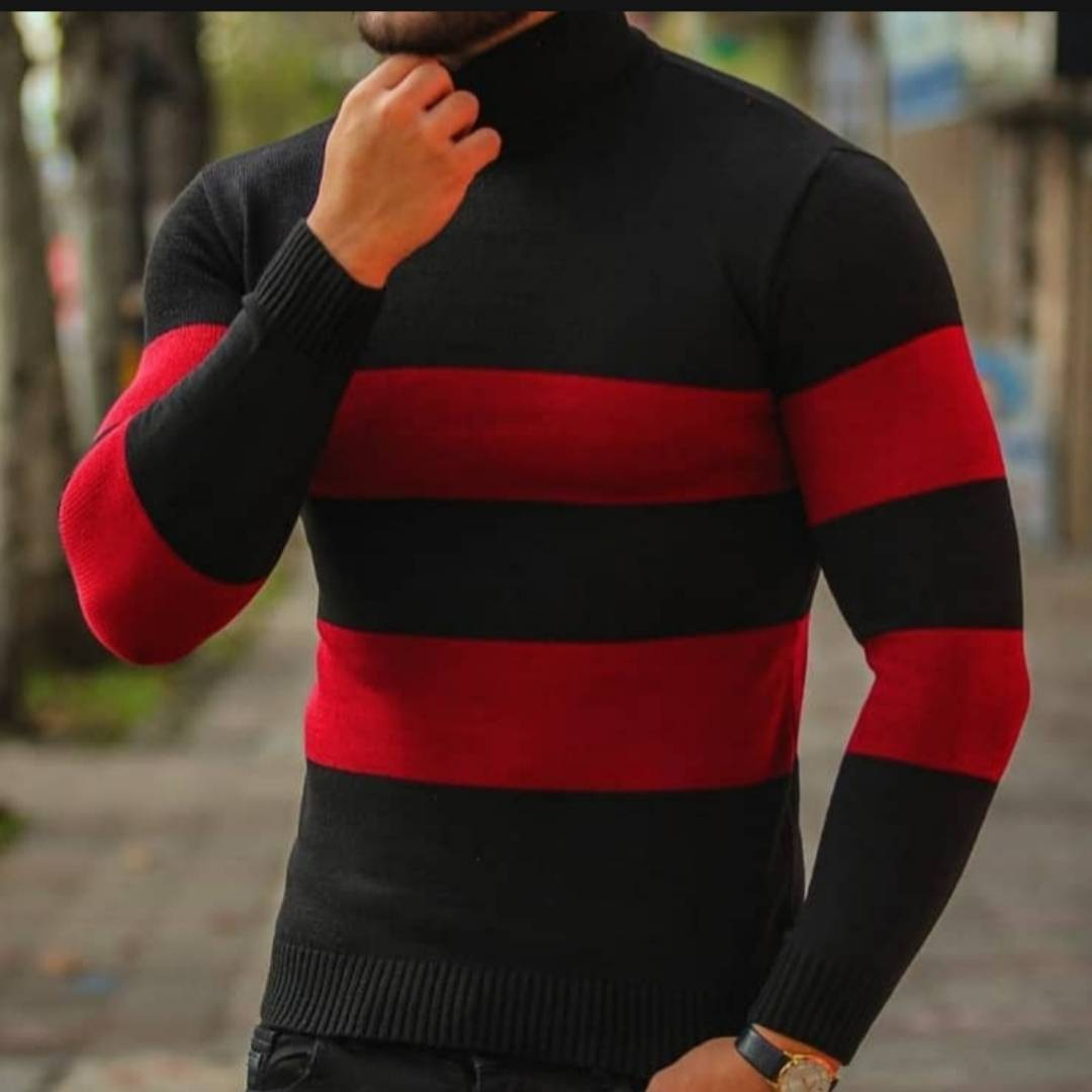 پلیور یقه اسکی مردانه مدل راه راه رنگ زرشکی