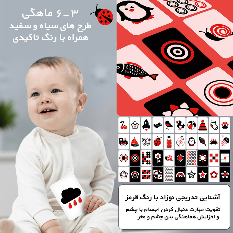 فلش کارت آموزشی طرح کتاب پارچه ای سیاه و سفید و رنگی مناسب رشد بینایی و افزایش تمرکز مدل نوزاد