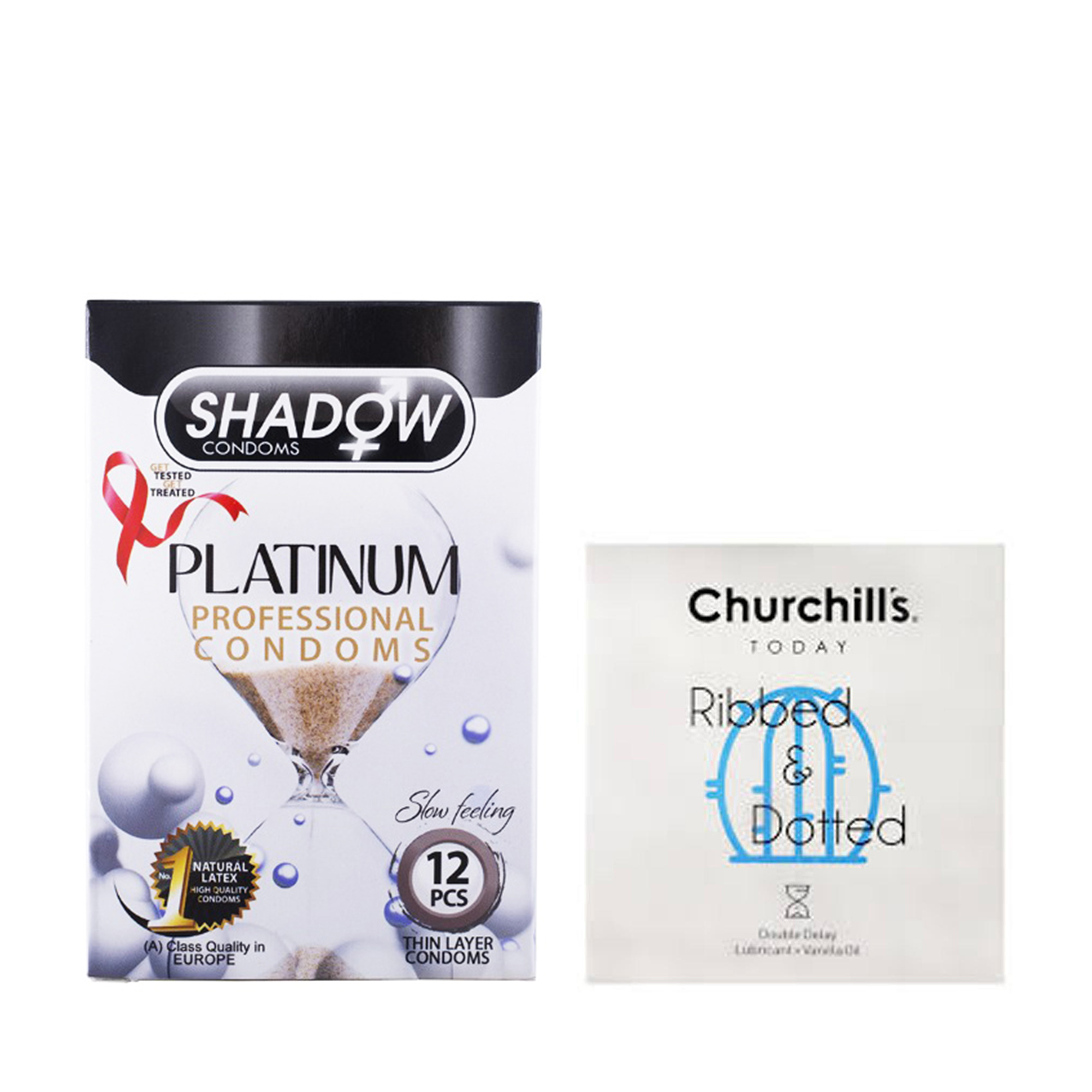 کاندوم چرچیلز مدل Ribbed and Dotted بسته 3 عددی به همراه کاندوم شادو مدل Platinum بسته 12 عددی