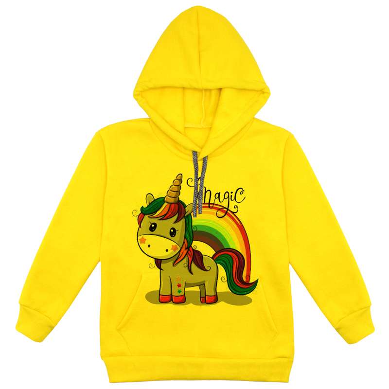 هودی دخترانه مدل تکشاخ رنگین کمان F149 رنگ زرد