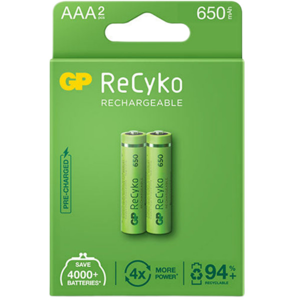 باتری نیم قلمی قابل شارژ جی پی مدل Rechargeable Recyko 650 بسته دو عددی