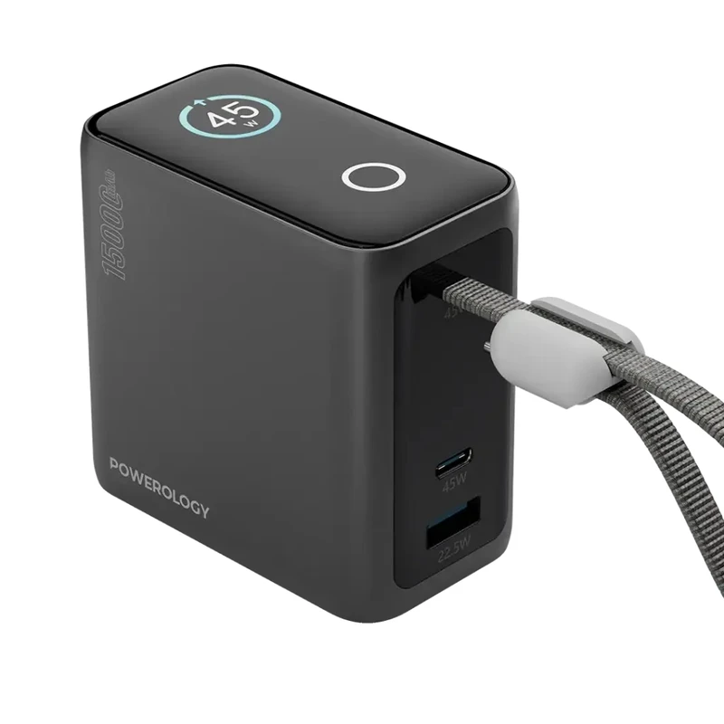 پاور بانک 45 وات پاورولوجی مدل ppbcha60 با ظرفیت 15000 هزار میلی آمپر ساعت به همراه کابل USB-C