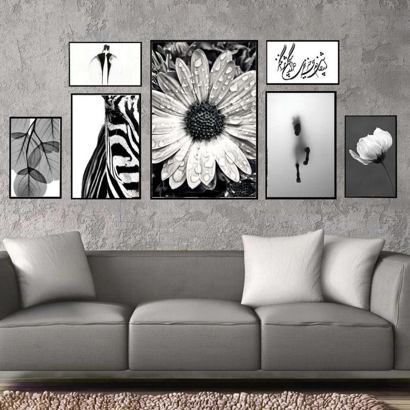 تابلو بکلیت طرح گل و گورخر مدل شاین اکلیلی B-2212 فریم مشکی مجموعه 7 عددی