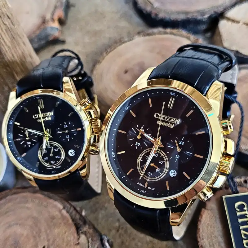 ست ساعت مچی عقربه ای زنانه و مردانه  مدل سه موتور فعال کورنوگراف چرمی 02