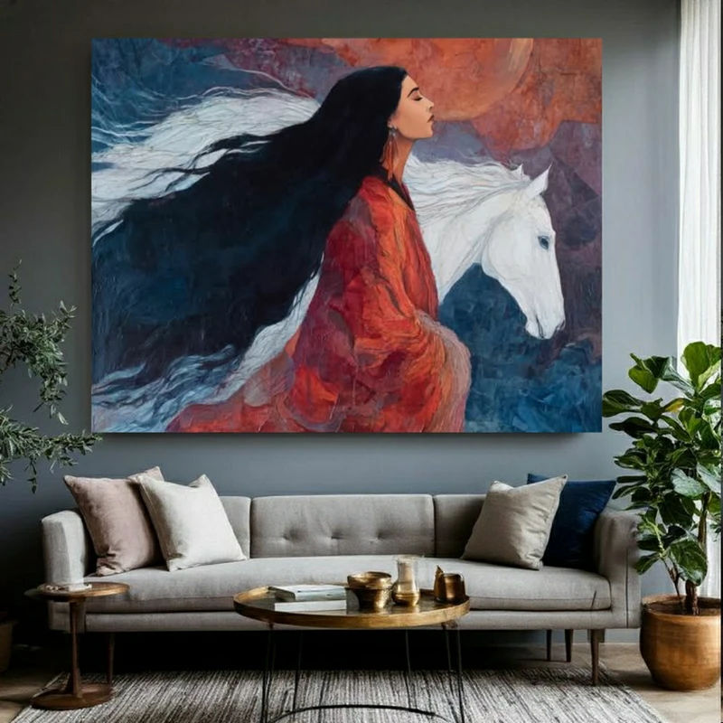 تابلو بوم طرح مخمل بانو و اسب مدل زلف در باد کد PY494