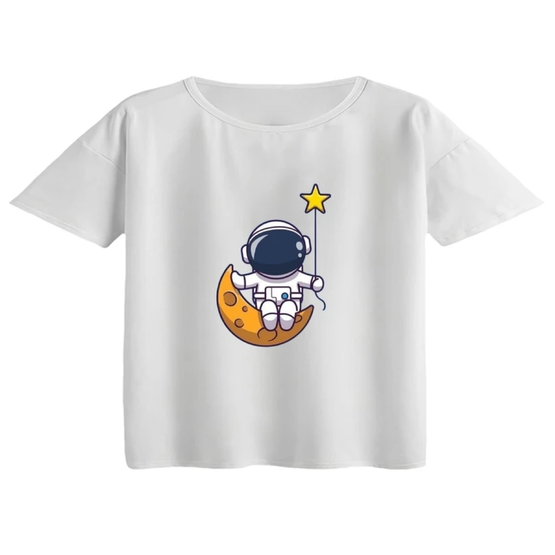 کراپ تی‌شرت آستین کوتاه زنانه مدل فضانورد و ماه