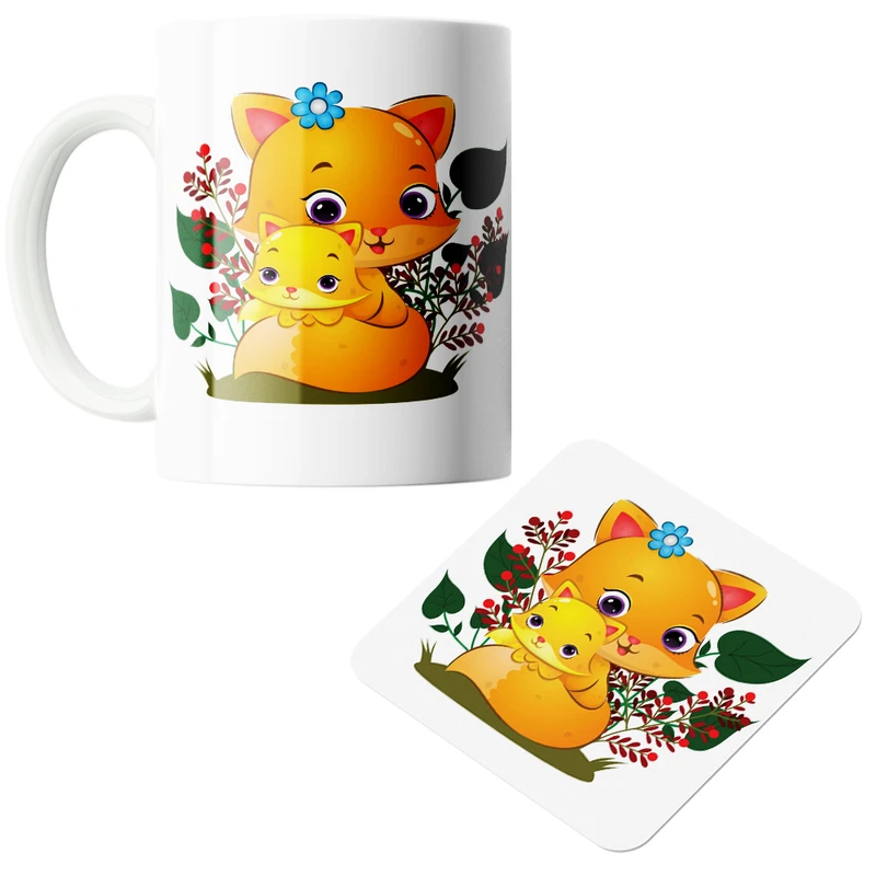 ماگ پاد آفرین مدل گربه و بچه گربه کد DKC392 به همراه زیر لیوانی