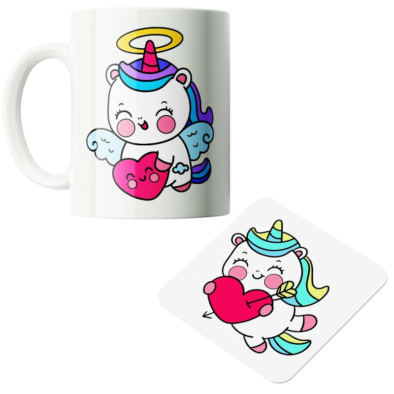 ماگ پاد آفرین مدل یونیکورن تک شاخ کارتونی کیوت فانتزی بامزه  کد PZ238 به همراه زیرلیوانی