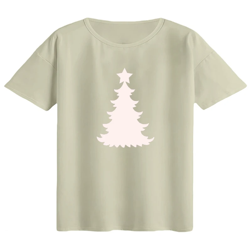 تی‌شرت اورسایز آستین کوتاه زنانه مدل باکسی طرح درخت کریسمس کد۱