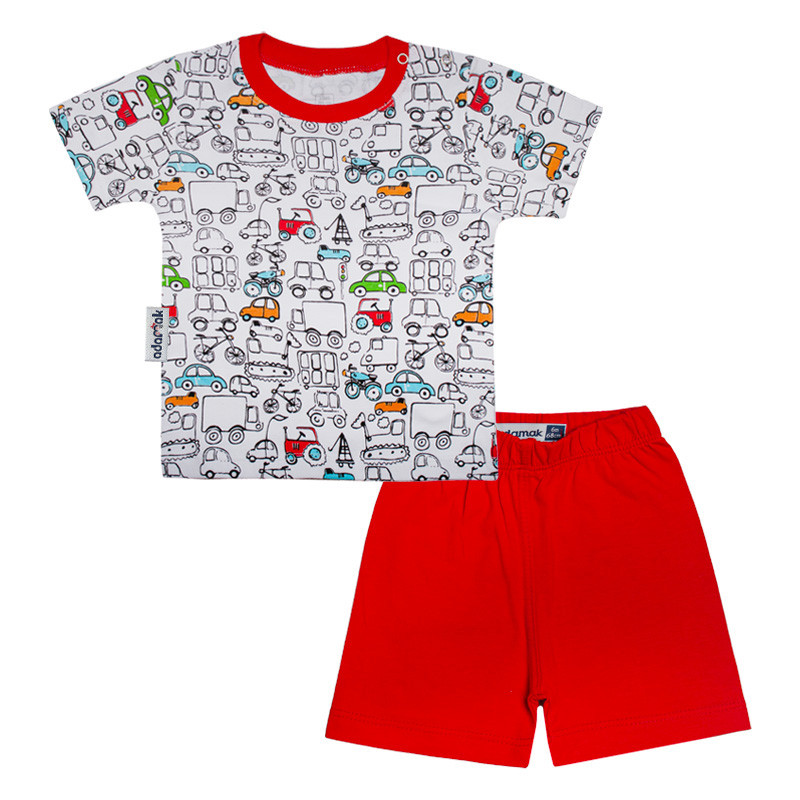 ست تی شرت و شلوارک آدمک مدل ماشین کد 160010 رنگ قرمز