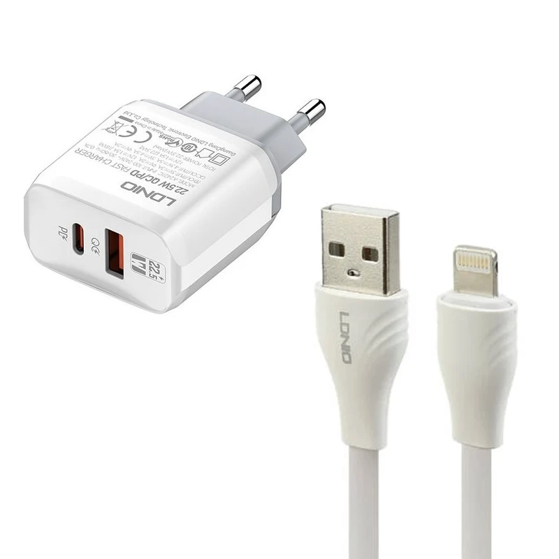 شارژر دیواری 22.5وات دو پورت الدینیو مدل A۲۴۲۱C به همراه کابل لایتنینگ 