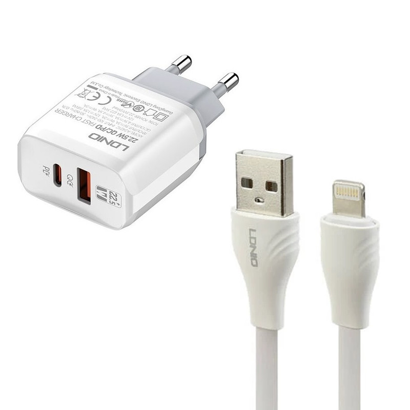 شارژر دیواری 22.5وات دو پورت الدینیو مدل A۲۴۲۱C به همراه کابل لایتنینگ 