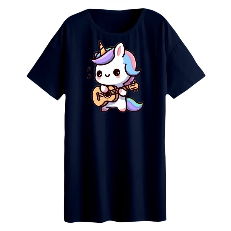 تی شرت لانگ زنانه مدل تک شاخ و گیتار 