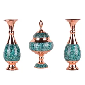 ست سه تکه گلدان و شکلات خوری فیروزه کوبی مسی مدل F011 کد F008