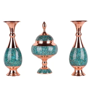 ست سه تکه گلدان و شکلات خوری فیروزه کوبی مسی مدل f011 کد f008