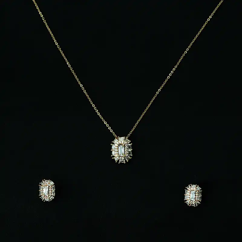 نیم ست زنانه مدل 8 ضلعی تک نگین رنگ طلایی